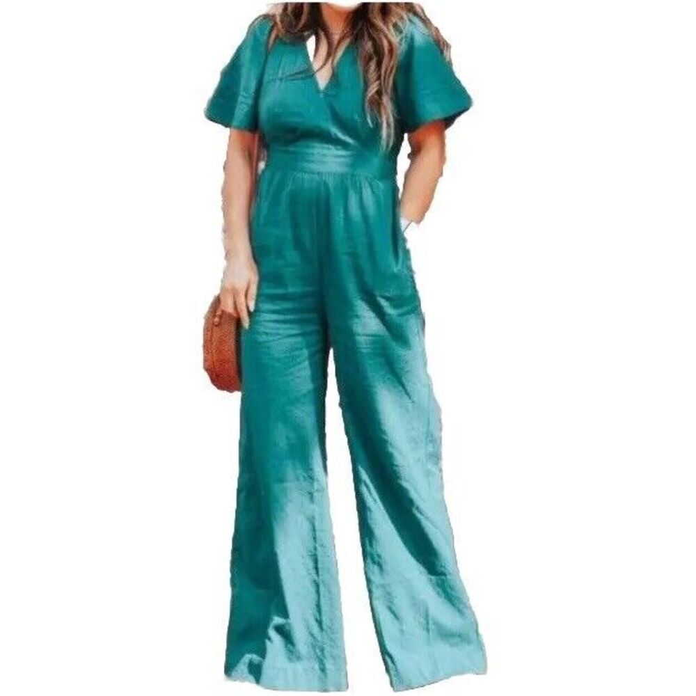 NWT LOFT Beach Flare‎ Sleeve Tie Back Jumpsuit XL Green